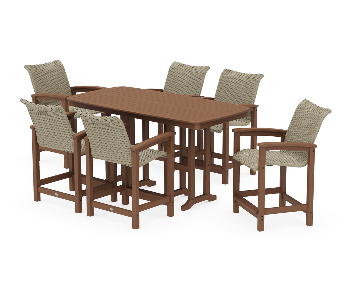 POLYWOOD Coastal Woven Arm Chair 7-Piece Counter Set in Teak / Dune Grass