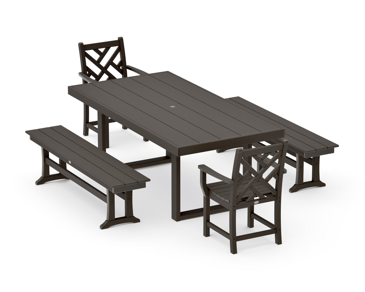 POLYWOOD Chippendale 5-Piece Dining Set with Benches - 39" x 78" Table in Vintage Coffee