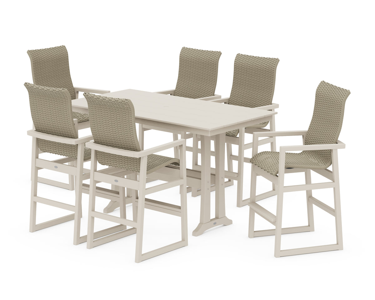 POLYWOOD EDGE Woven Highback Arm Chair 7-Piece Farmhouse Bar Set with Trestle Legs in Sand / Dune Grass