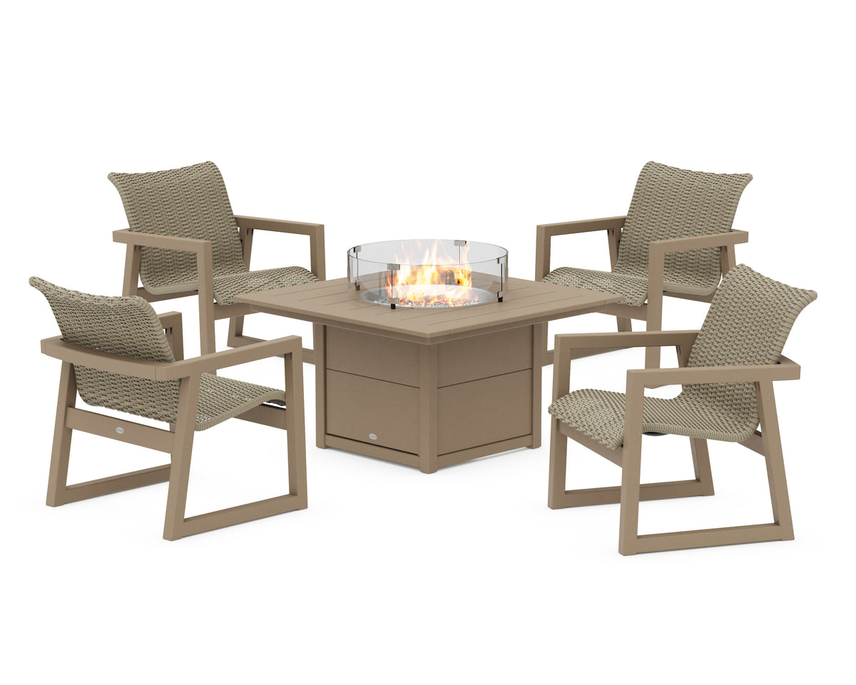 POLYWOOD EDGE Woven 5-Piece Lounge Chair Seating Set with Fire Pit Table in Vintage Sahara / Dune Grass