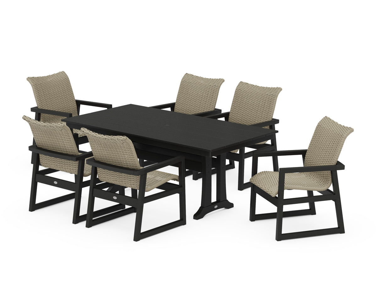 POLYWOOD EDGE Woven Arm Chair 7-Piece Farmhouse Dining Set with Trestle Legs in Black / Dune Grass