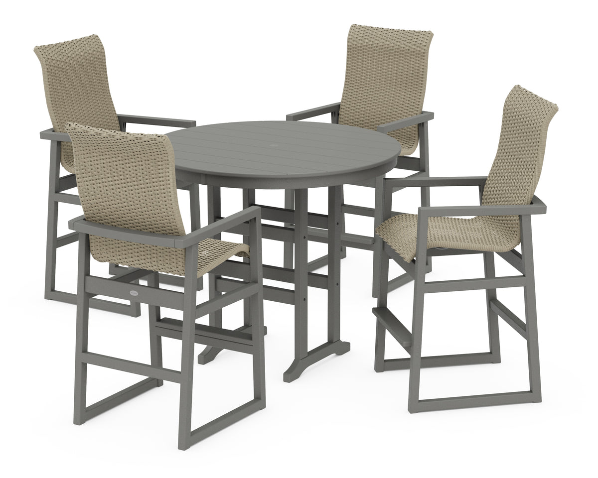 POLYWOOD EDGE Woven Highback 5-Piece Round Farmhouse Bar Set in Slate Grey / Dune Grass
