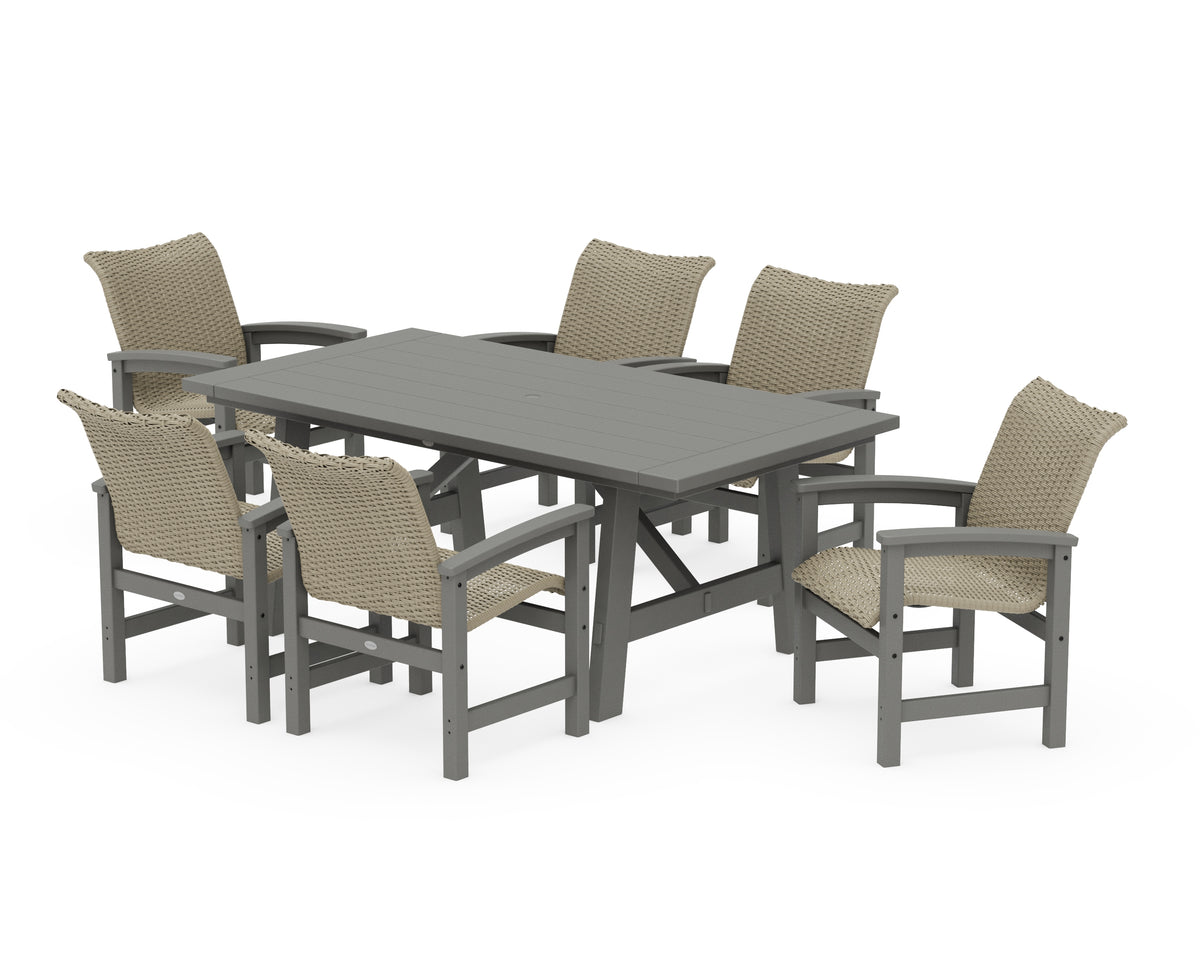 POLYWOOD Coastal Woven Arm Chair 7-Piece Rustic Farmhouse Dining Set in Slate Grey / Dune Grass