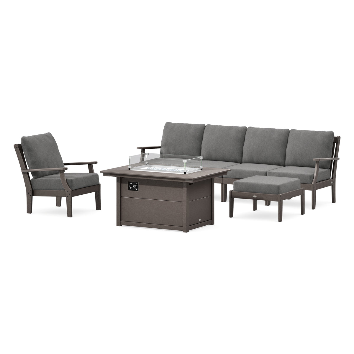 POLYWOOD Braxton Sectional Lounge and Fire Pit Set in Vintage Coffee