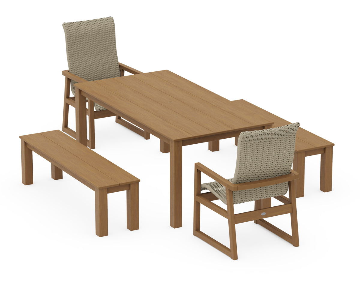 POLYWOOD EDGE Woven High-Back 5-Piece Parsons Dining Set with Benches in Natural / Dune Grass