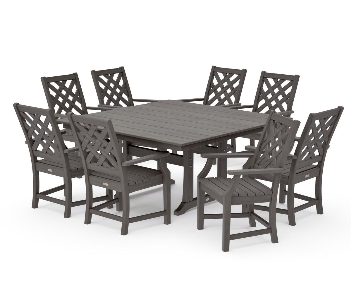 POLYWOOD Wovendale 9-Piece Square Farmhouse Dining Set with Trestle Legs in Driftwood