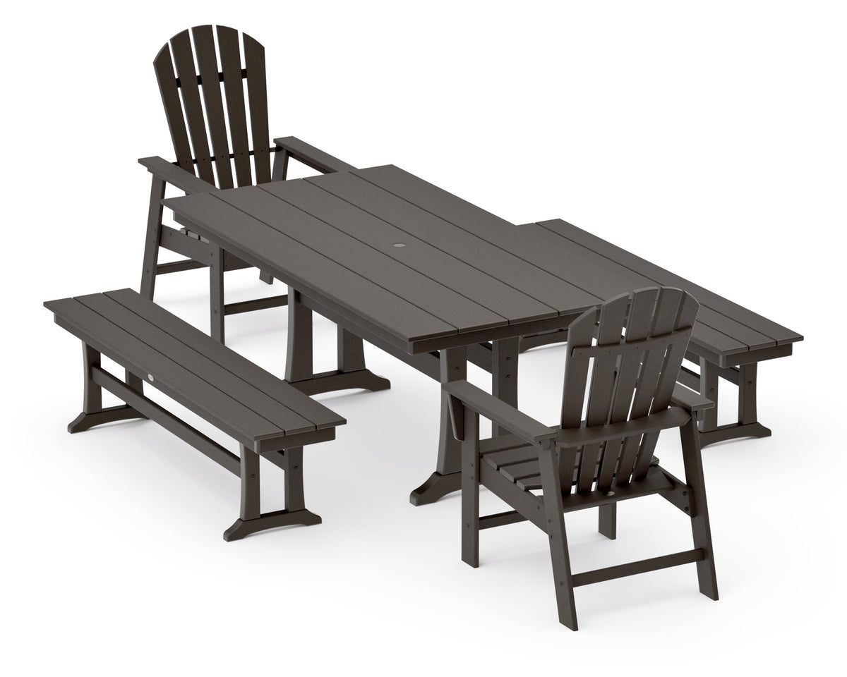 POLYWOOD South Beach 5-Piece Farmhouse Dining Set with Trestle Legs - 37" x 72" Table in Vintage Coffee