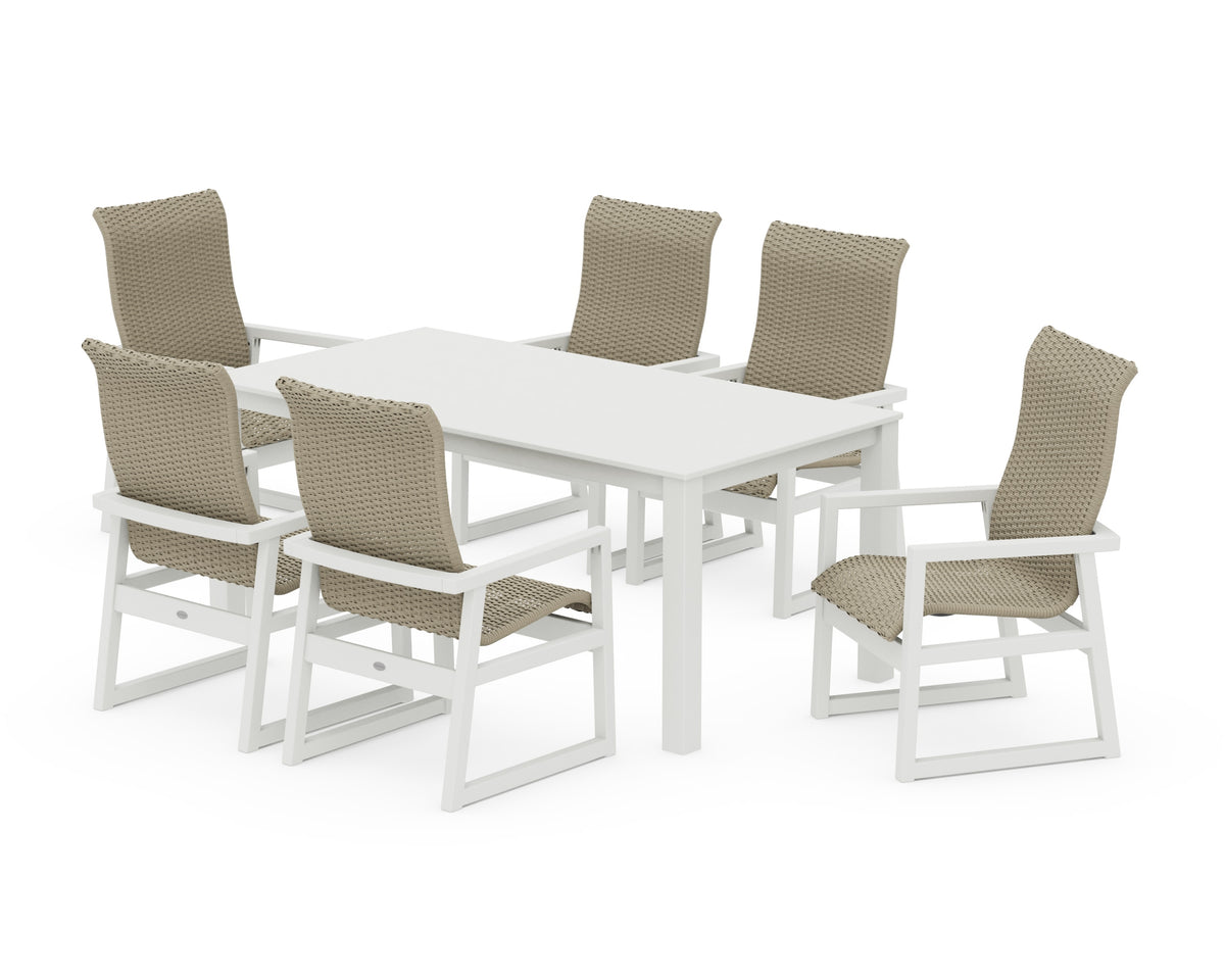 POLYWOOD EDGE Woven High-Back Arm Chair 7-Piece Parsons Dining Set in White / Dune Grass