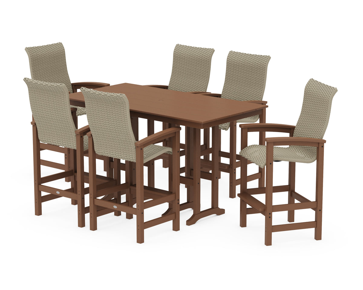 POLYWOOD Coastal Woven High-Back Arm Chair 7-Piece Farmhouse Bar Set in Teak / Dune Grass