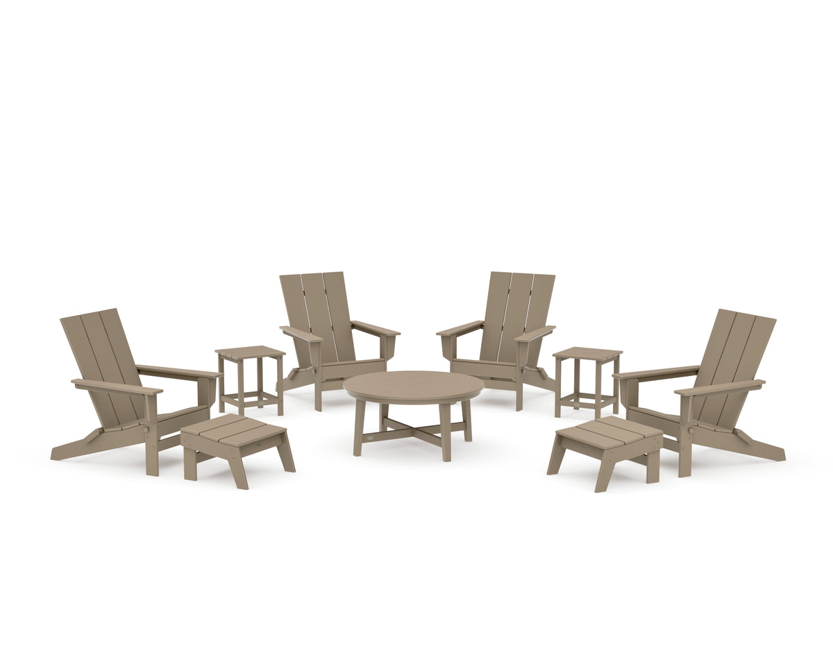 POLYWOOD Modern Studio Folding Adirondack 9-Piece Conversation Set in Vintage Sahara