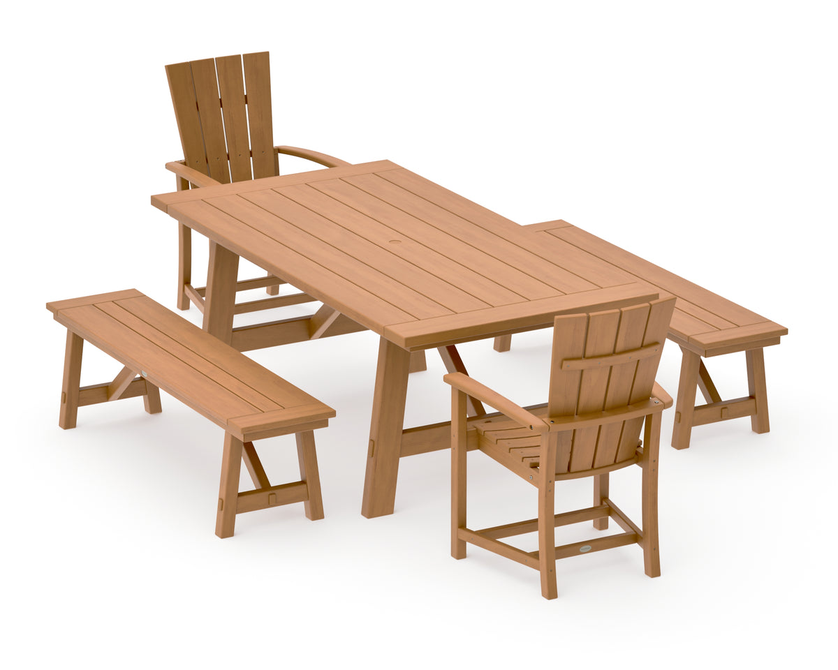 POLYWOOD Quattro 5-Piece Rustic Farmhouse Dining Set with Benches in Natural