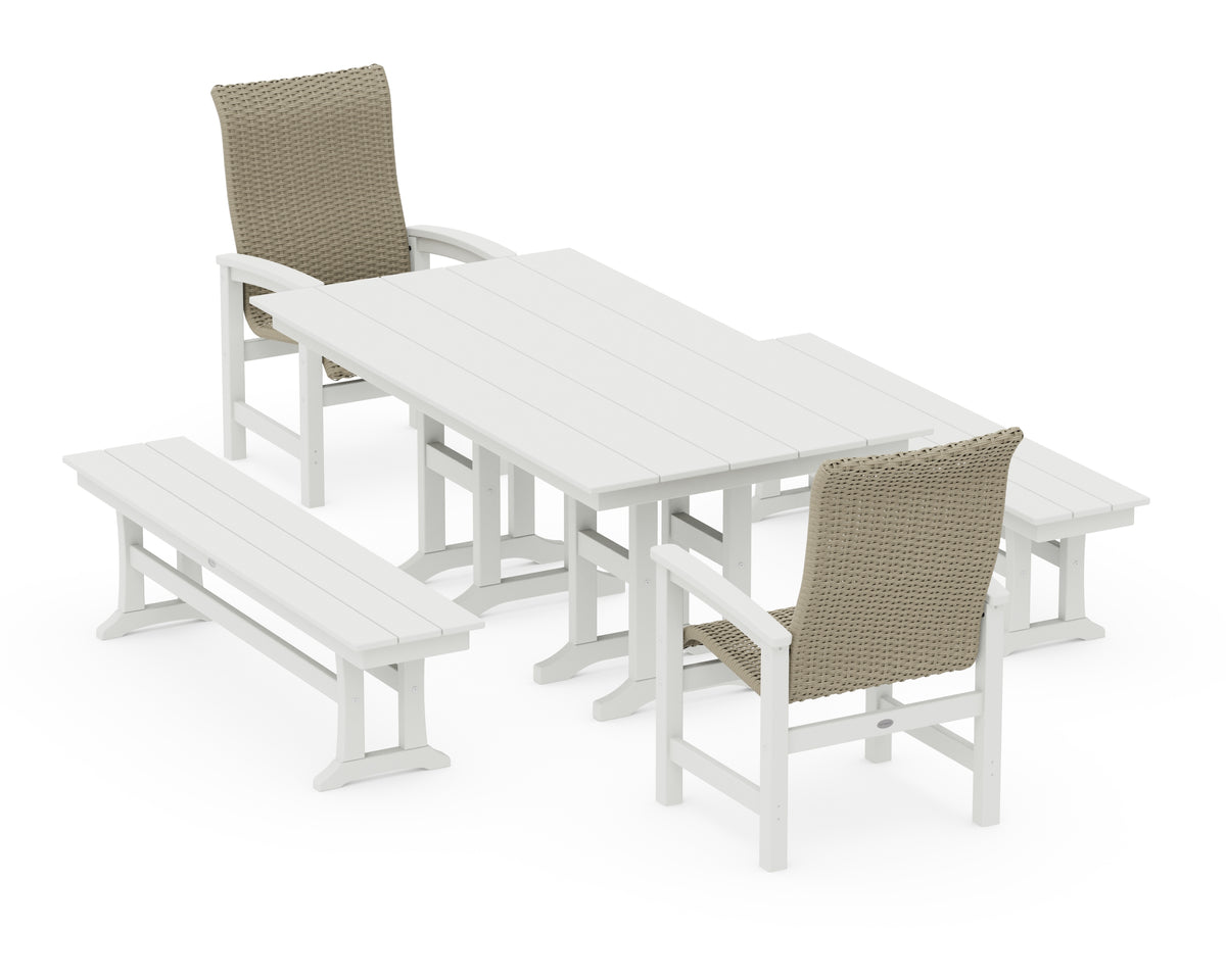 POLYWOOD Coastal Woven High-Back 5-Piece Farmhouse Dining Set with Benches in Vintage White / Dune Grass
