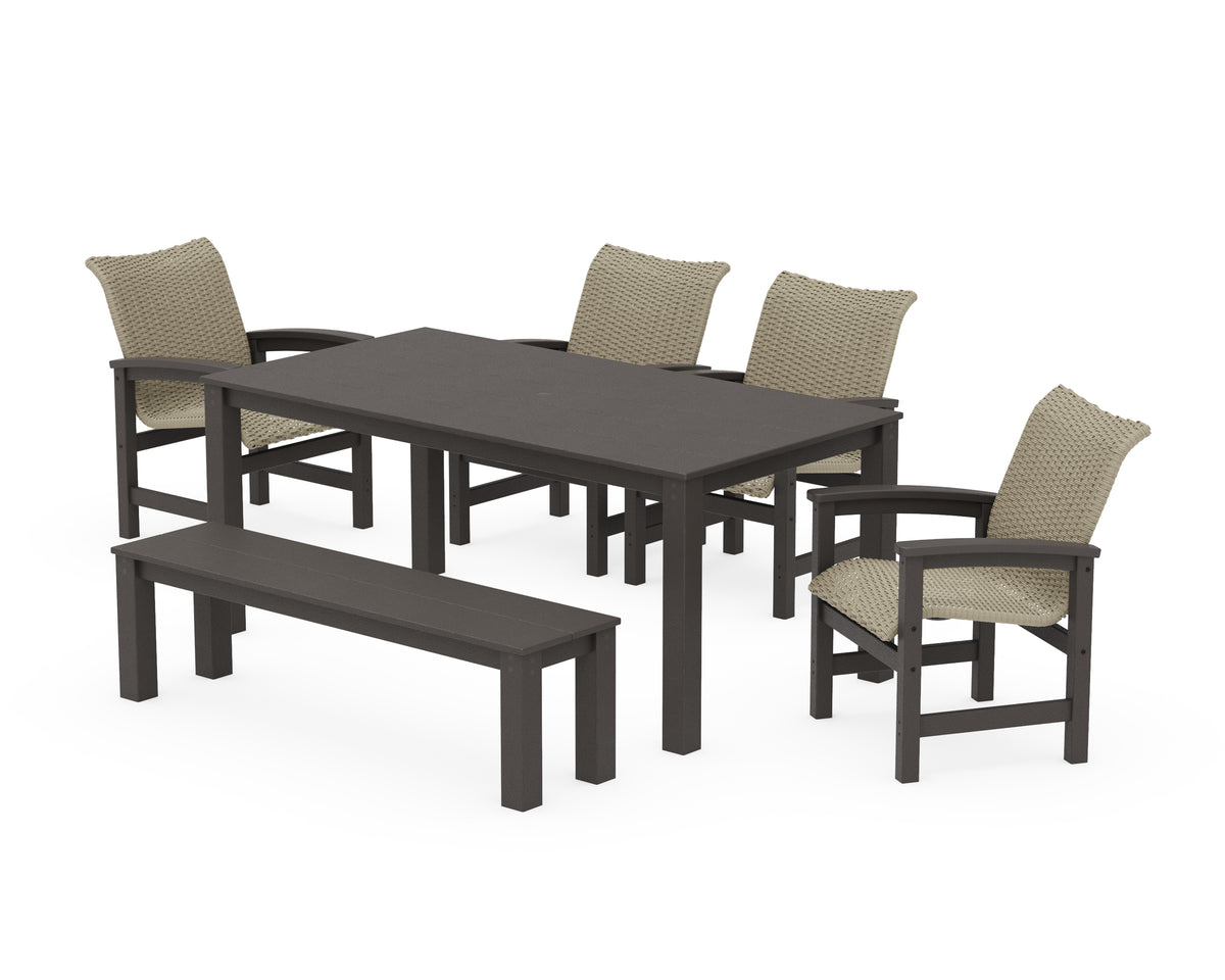 POLYWOOD Coastal Woven 6-Piece Parsons Dining Set with Bench in Vintage Coffee / Dune Grass