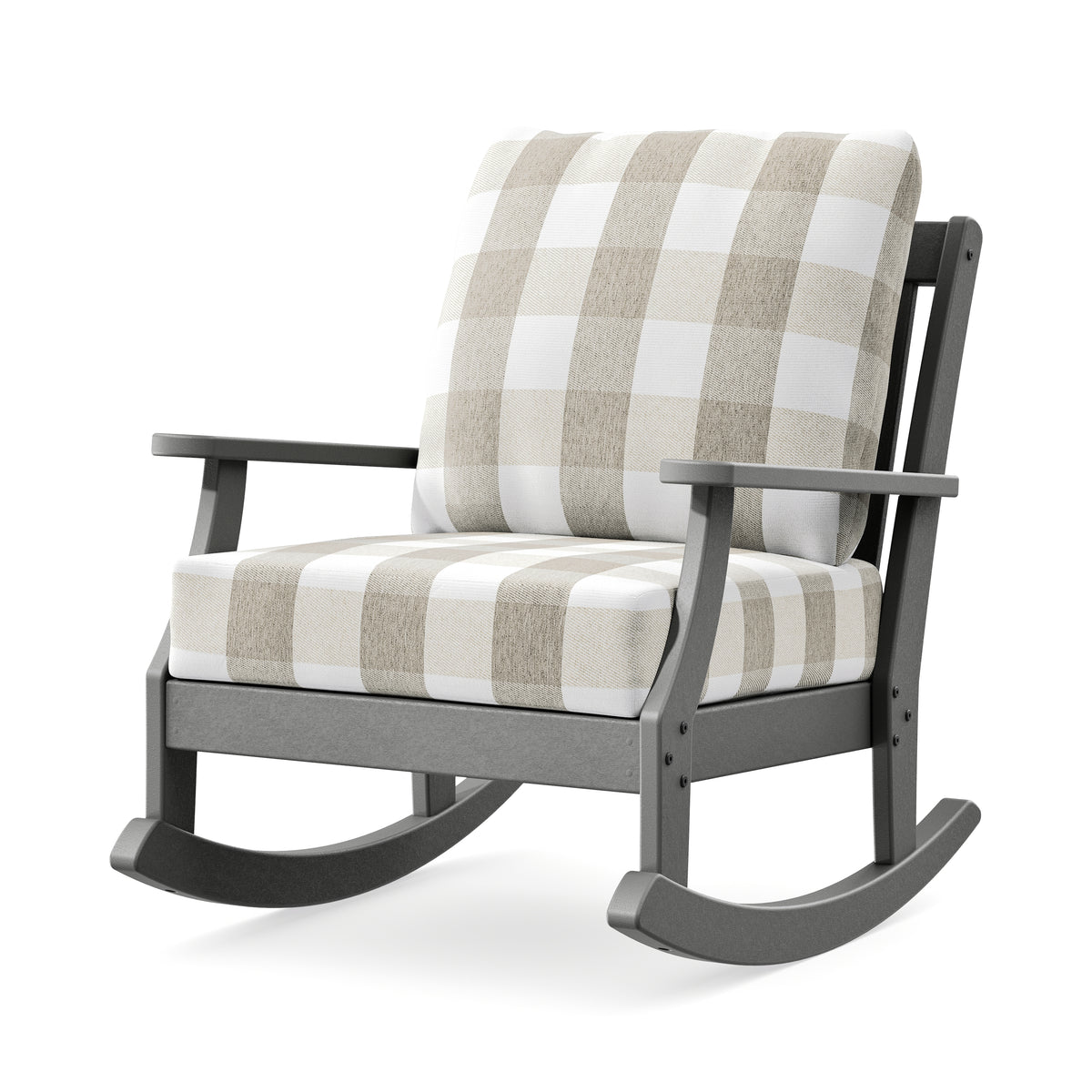 POLYWOOD Braxton Deep Seating Rocking Chair in Slate Grey / Buffalo Plaid Dune Burlap
