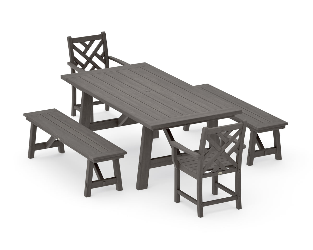 POLYWOOD Chippendale 5-Piece Rustic Farmhouse Dining Set with Benches in Driftwood