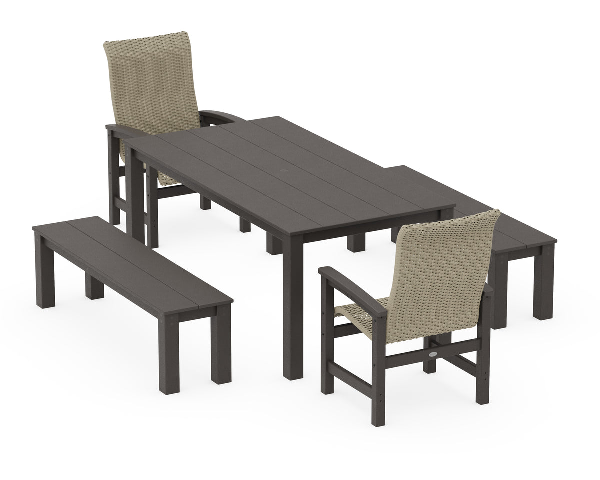 POLYWOOD Coastal Woven High-Back 5-Piece Parsons Dining Set with Benches in Vintage Coffee / Dune Grass
