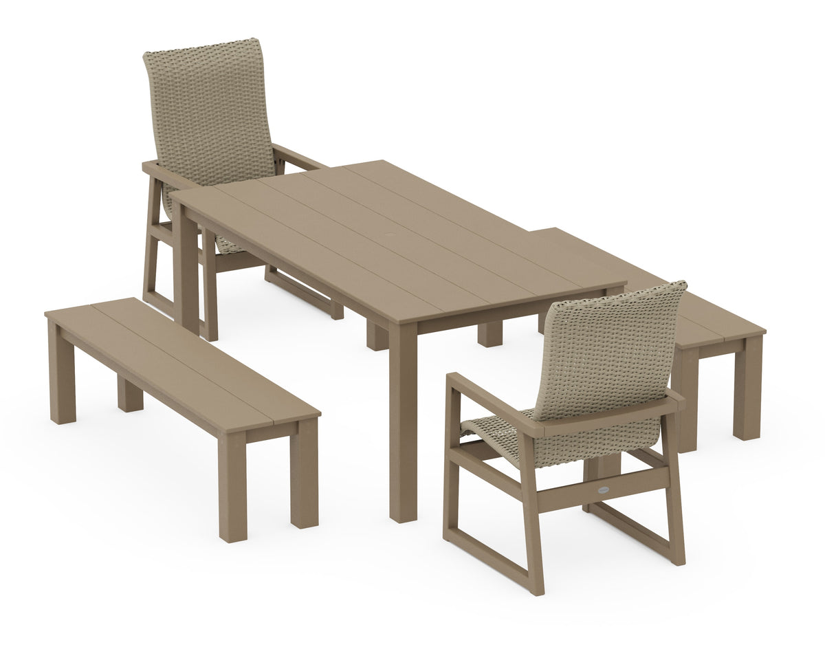 POLYWOOD EDGE Woven High-Back 5-Piece Parsons Dining Set with Benches in Vintage Sahara / Dune Grass