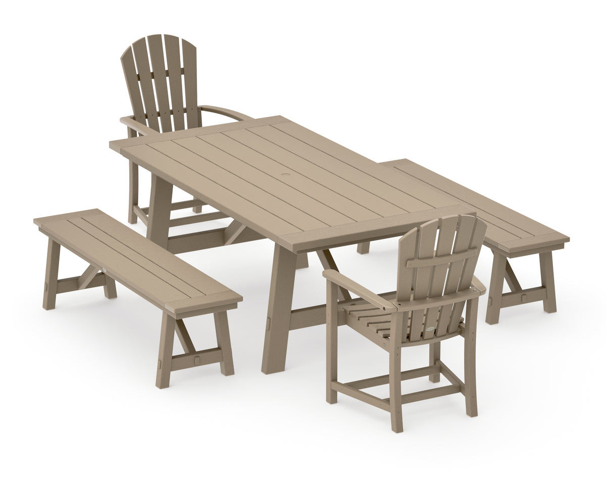 POLYWOOD Palm Coast 5-Piece Rustic Farmhouse Dining Set with Benches in Vintage Sahara