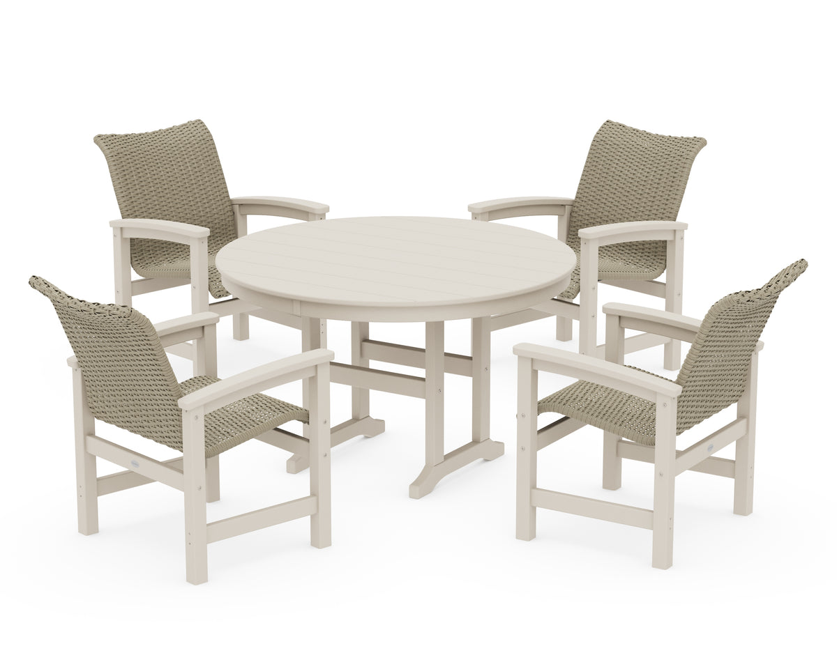 POLYWOOD Coastal Woven 5-Piece Round Farmhouse Dining Set in Sand / Dune Grass