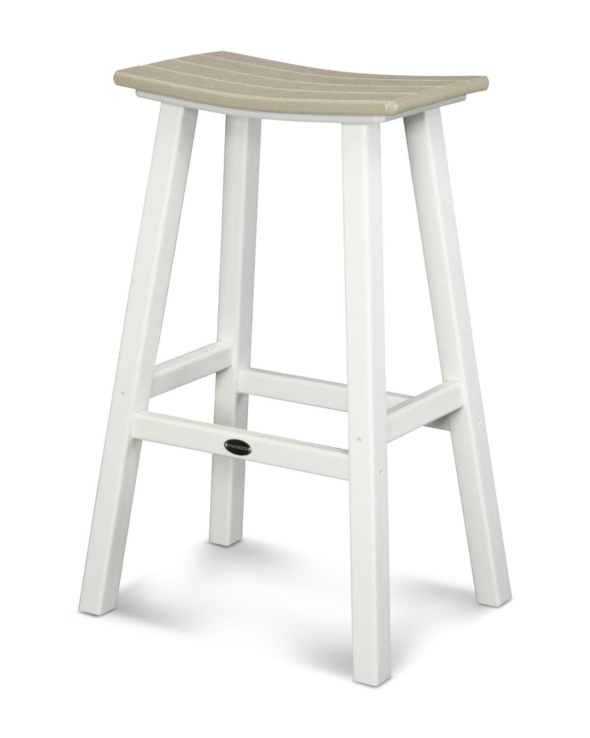 Angled view of the POLYWOOD Contempo 30" Saddle Bar Stool with White frame and Sand seat