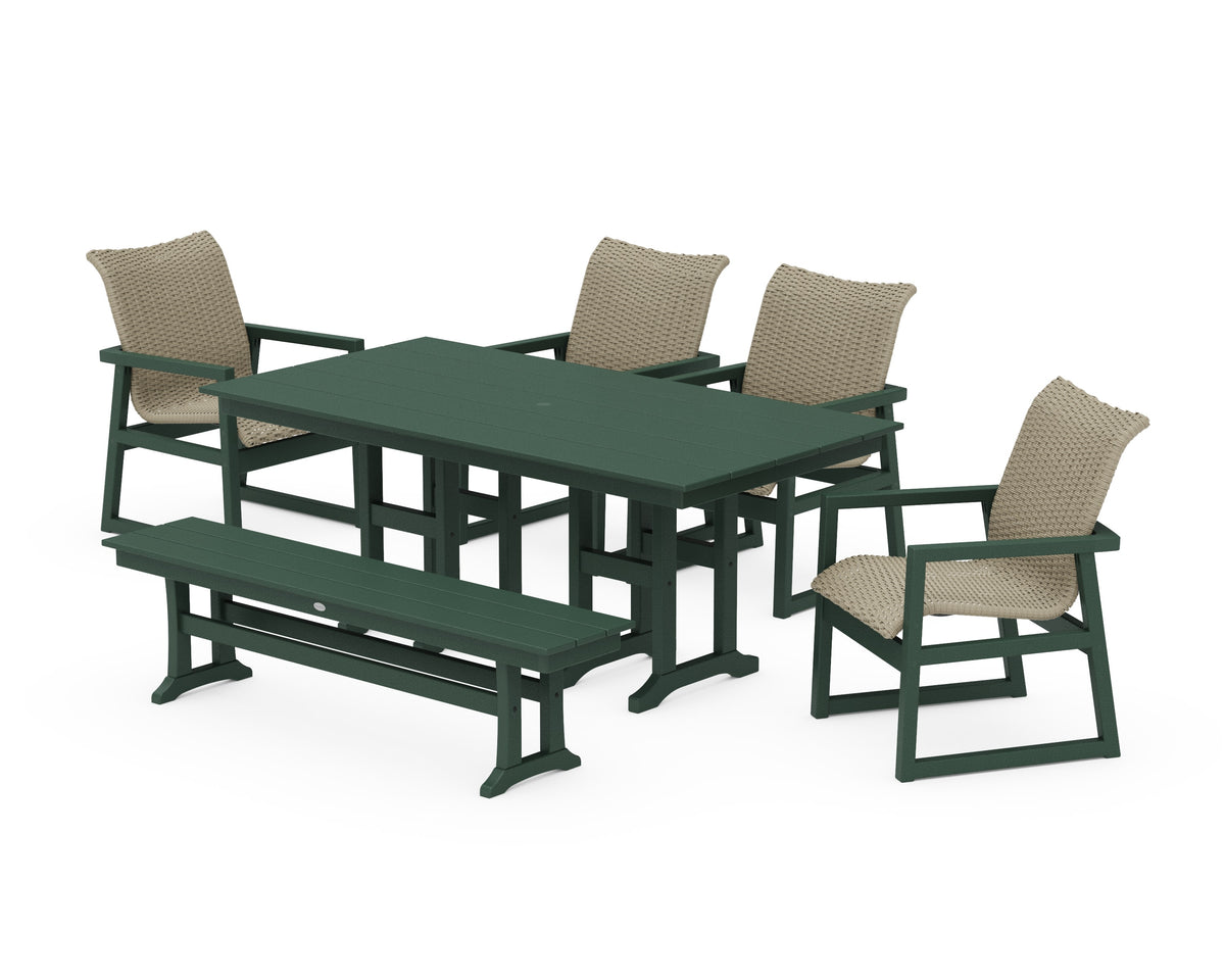 POLYWOOD EDGE Woven 6-Piece Farmhouse Dining Set with Bench in Green / Dune Grass