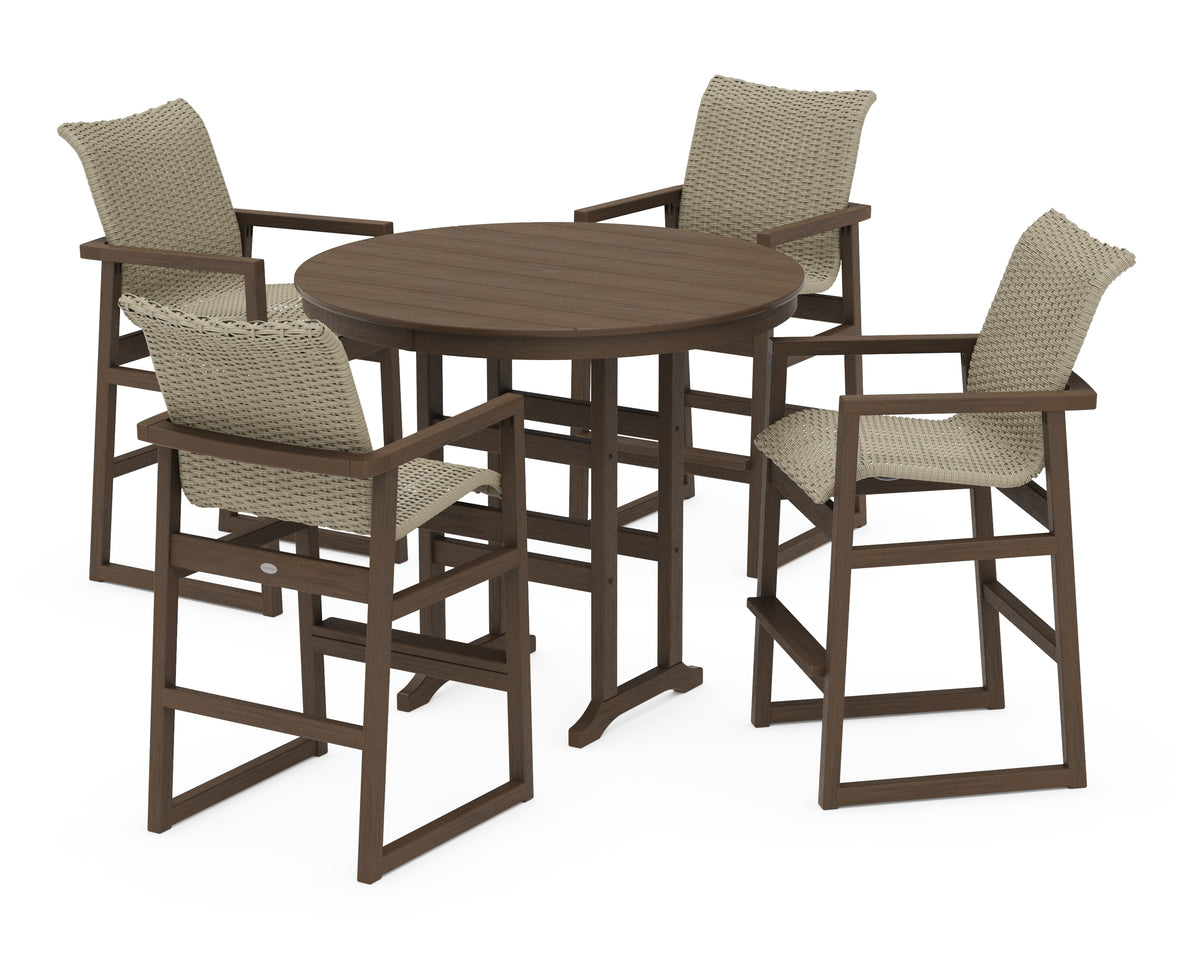 POLYWOOD EDGE Woven 5-Piece Round Farmhouse Bar Set in Kona / Dune Grass