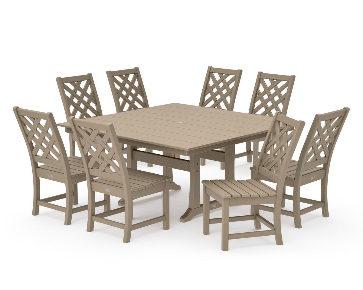 POLYWOOD Wovendale Side Chair 9-Piece Square Farmhouse Dining Set with Trestle Legs in Vintage Sahara