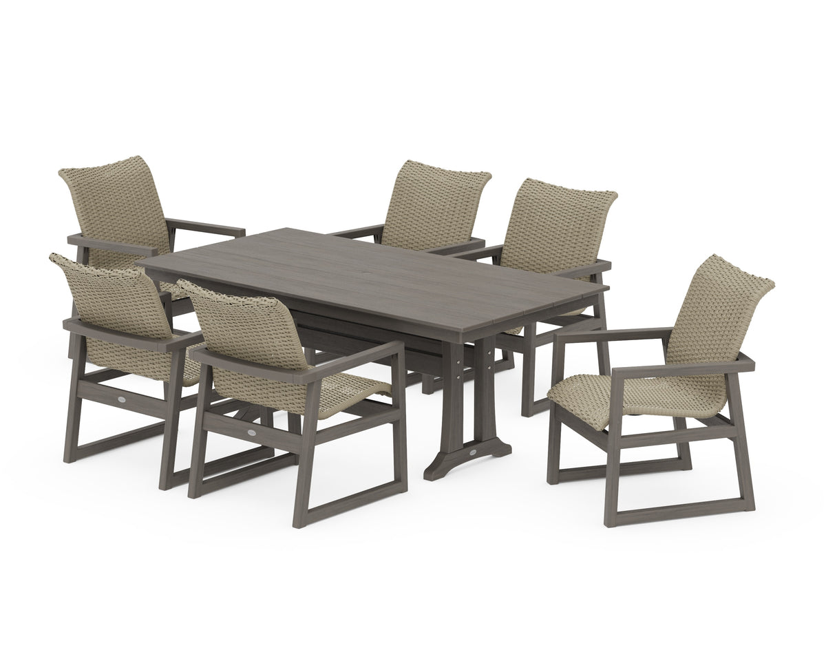 POLYWOOD EDGE Woven Arm Chair 7-Piece Farmhouse Dining Set with Trestle Legs in Driftwood / Dune Grass