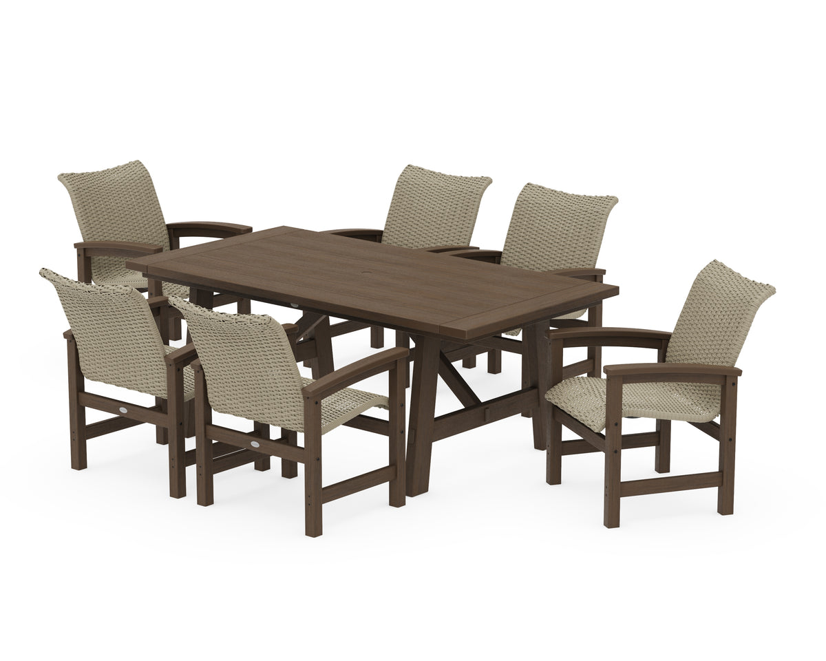 POLYWOOD Coastal Woven Arm Chair 7-Piece Rustic Farmhouse Dining Set in Kona / Dune Grass