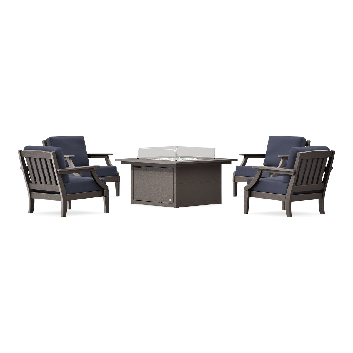 POLYWOOD PW Designer Series Estate 5-Piece Lounge Fire Table Set in Vintage Coffee / Navy Linen