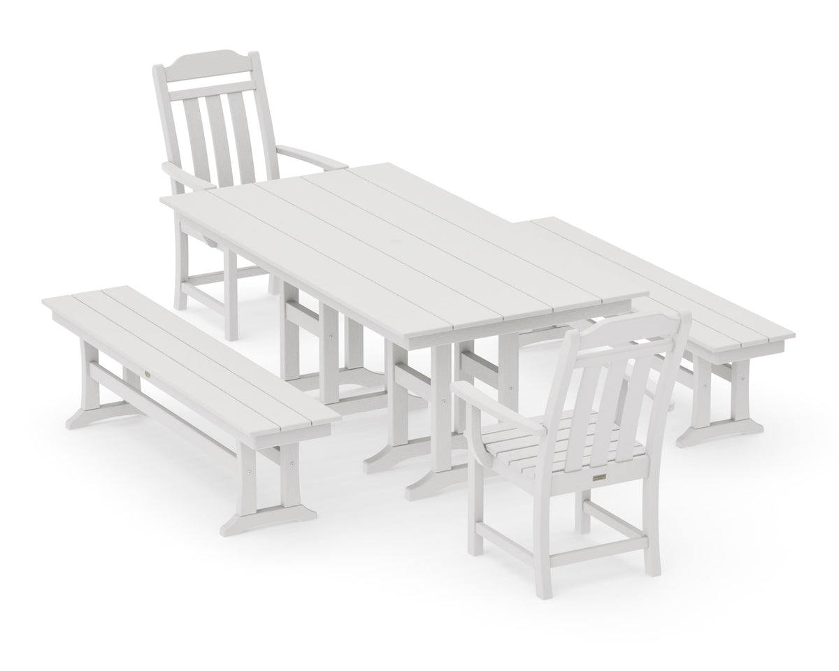 POLYWOOD Cottage 5-Piece Farmhouse Dining Set with Benches in Vintage White