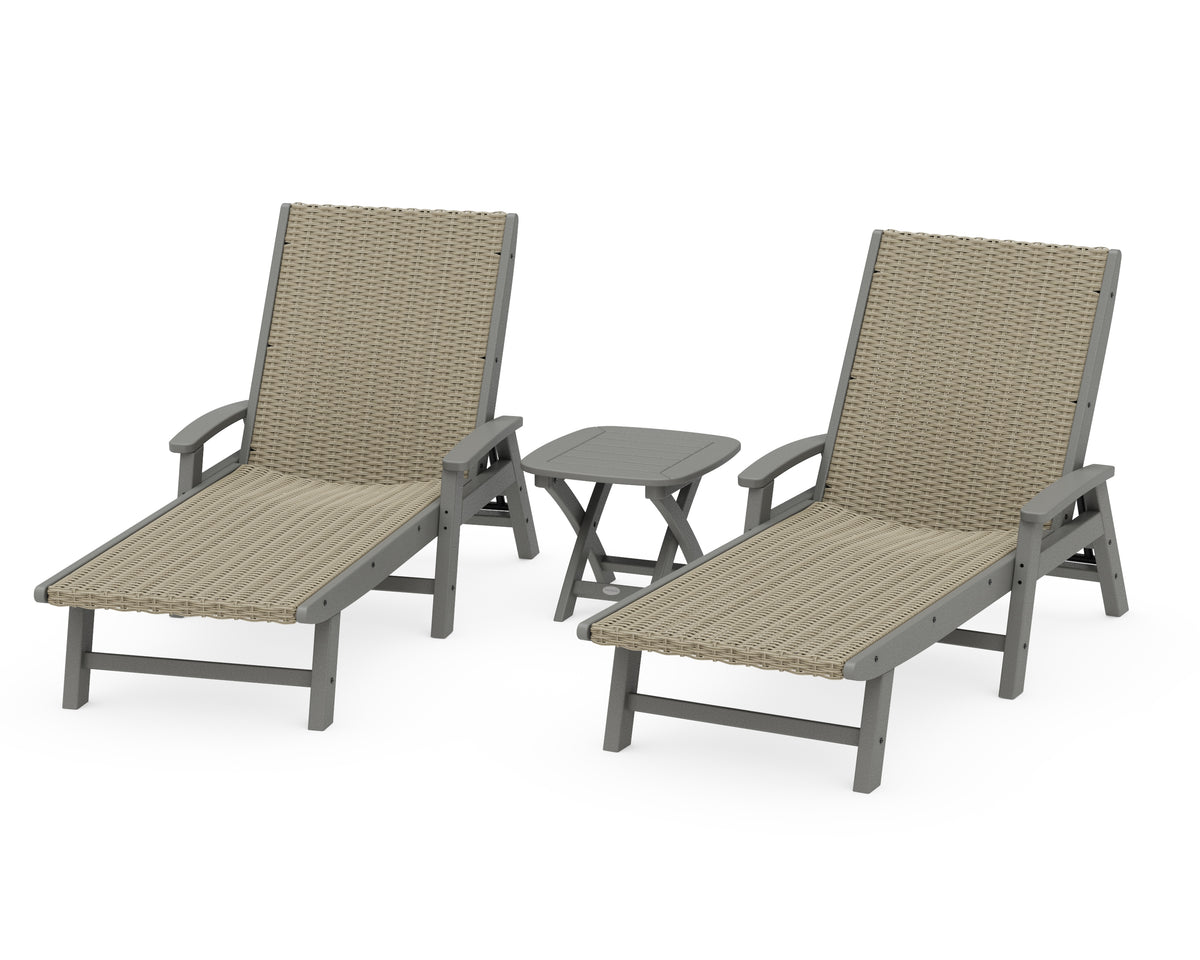 POLYWOOD 3-Piece Coastal Woven Chaise with Arms Lounge Set in Slate Grey / Dune Grass