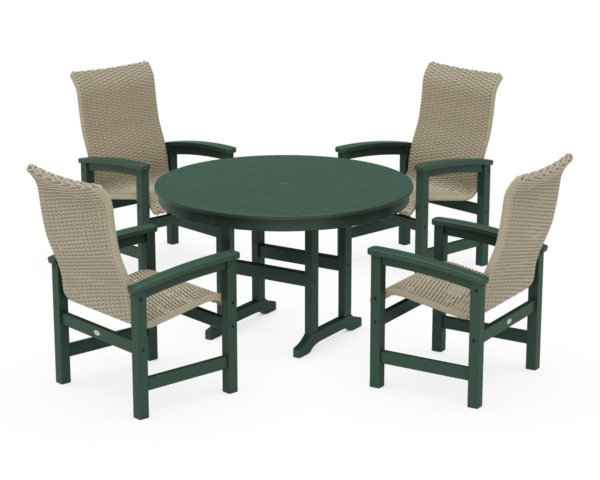 POLYWOOD Coastal Woven High-Back 5-Piece Round Farmhouse Dining Set in Green / Dune Grass