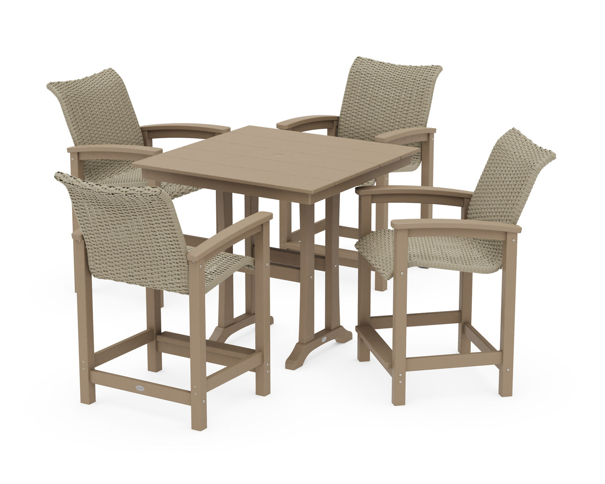 POLYWOOD Coastal Woven 5-Piece Farmhouse Counter Set with Trestle Legs in Vintage Sahara / Dune Grass