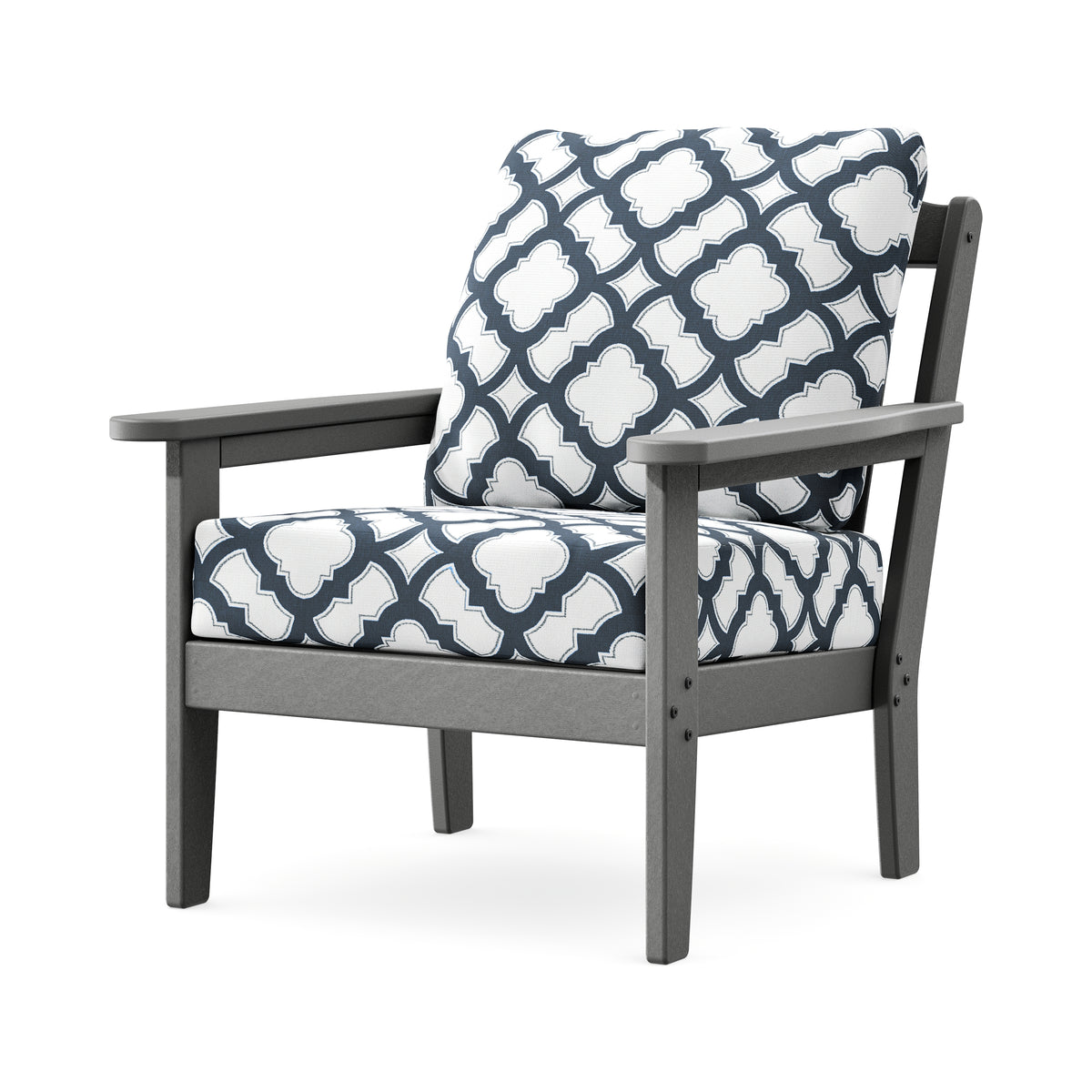 POLYWOOD Cottage Deep Seating Chair in Slate Grey / Trellis Marine Indigo