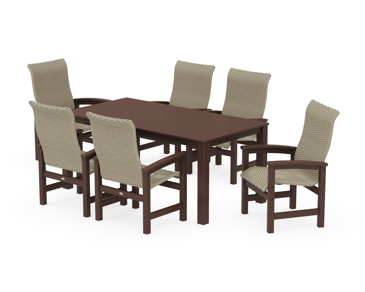 POLYWOOD Coastal Woven High-Back Arm Chair 7-Piece Parsons Dining Set in Mahogany / Dune Grass