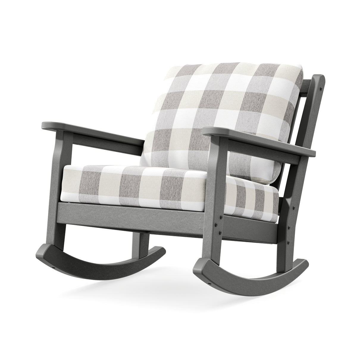 POLYWOOD Chippendale Deep Seating Rocking Chair in Slate Grey / Buffalo Plaid Grey Mist