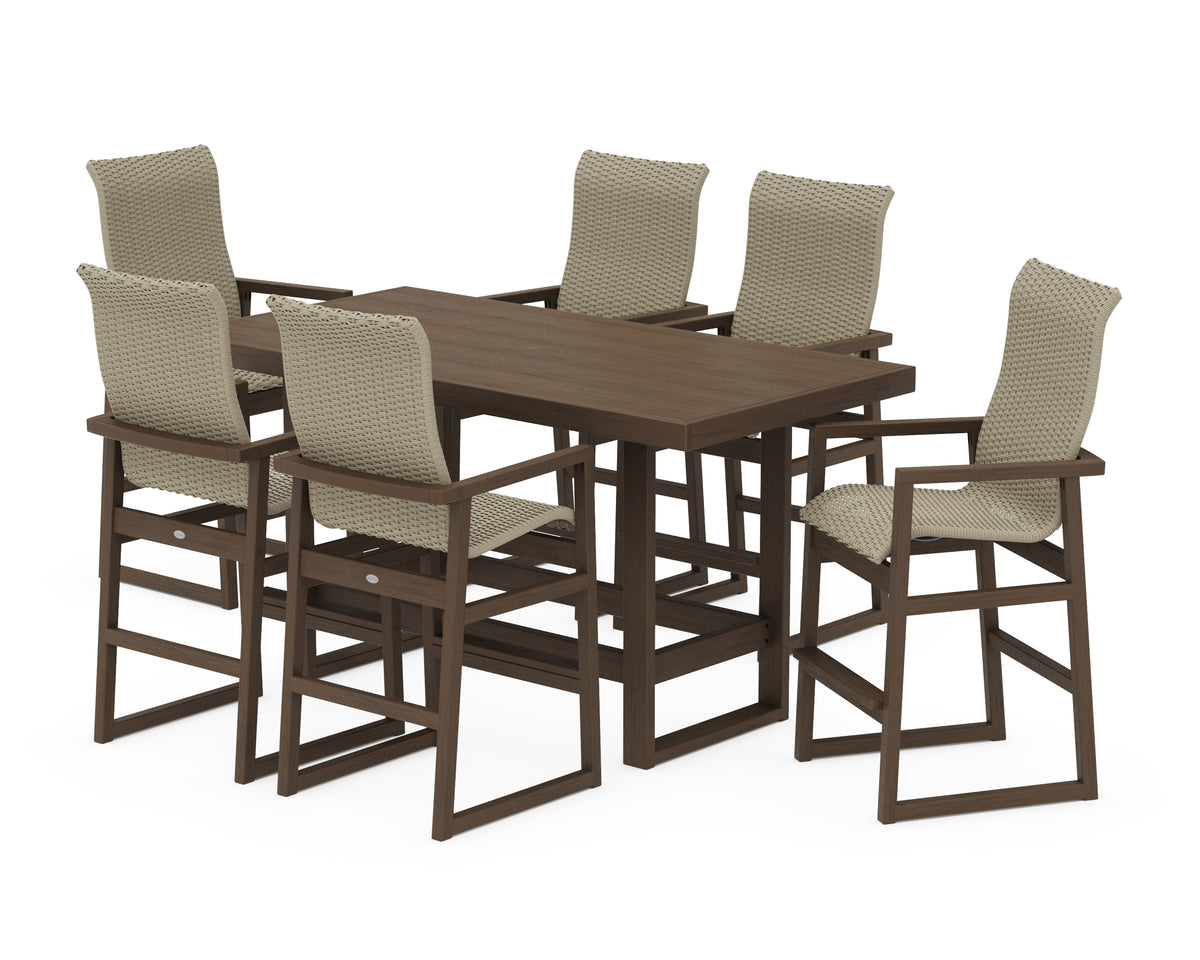 POLYWOOD EDGE Woven Highback Arm Chair 7-Piece Bar Set in Kona / Dune Grass