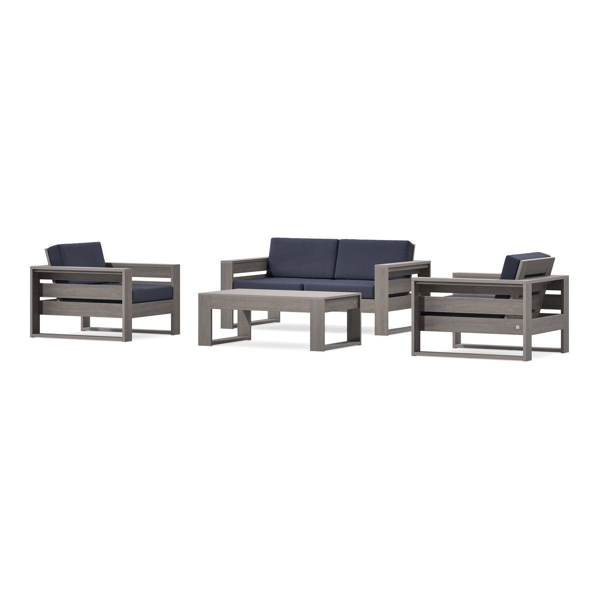 POLYWOOD PW Designer Series Latitude 4-Piece Lounge Loveseat Set in Driftwood / Navy Linen