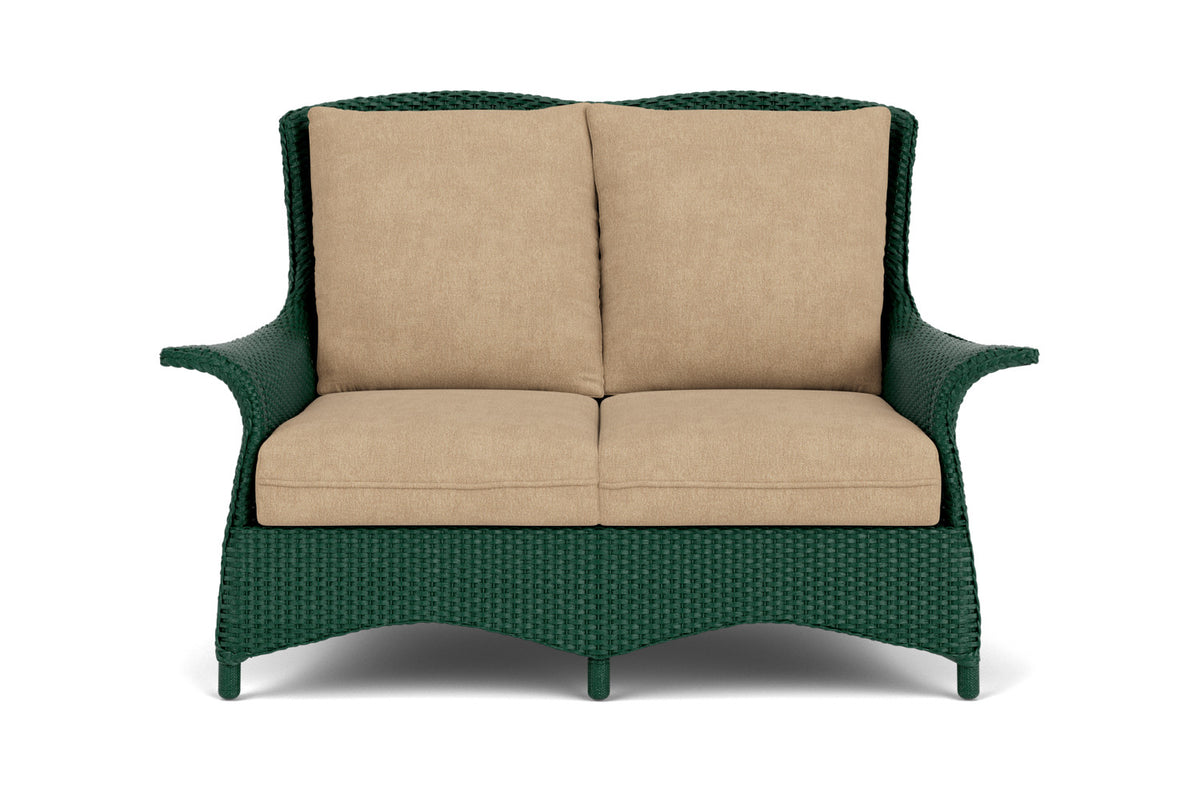 Lloyd Flanders Mandalay Conversation Set in Woodland with Hayden Sand fabric