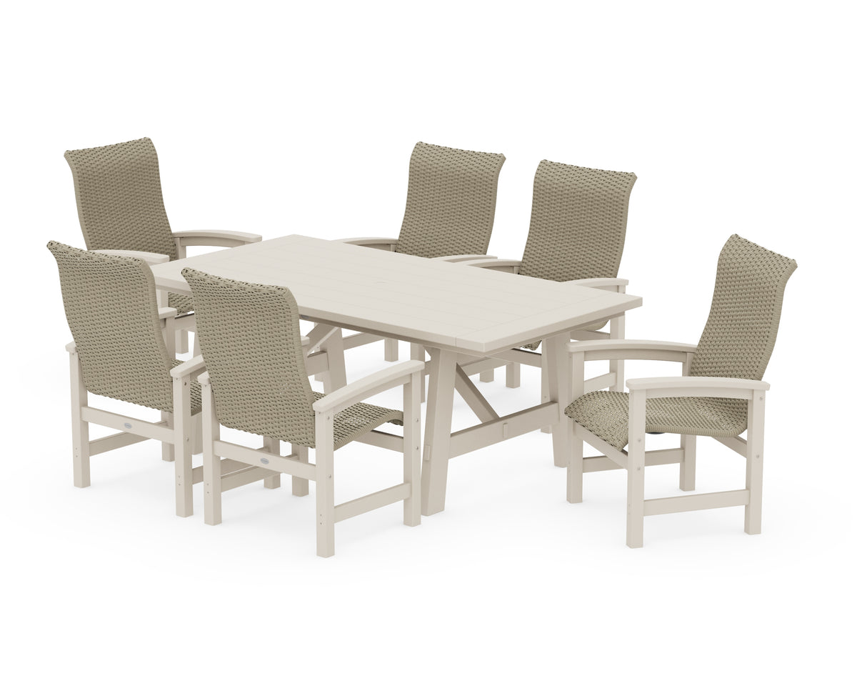 POLYWOOD Coastal Woven High-Back Arm Chair 7-Piece Rustic Farmhouse Dining Set in Sand / Dune Grass