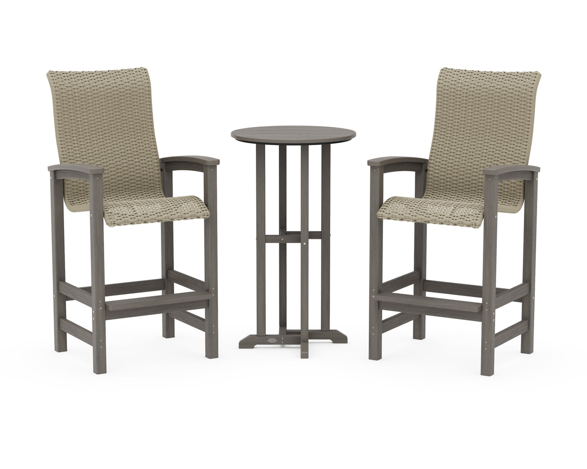 POLYWOOD Coastal Woven High-Back 3-Piece Farmhouse Bar Set in Driftwood / Dune Grass