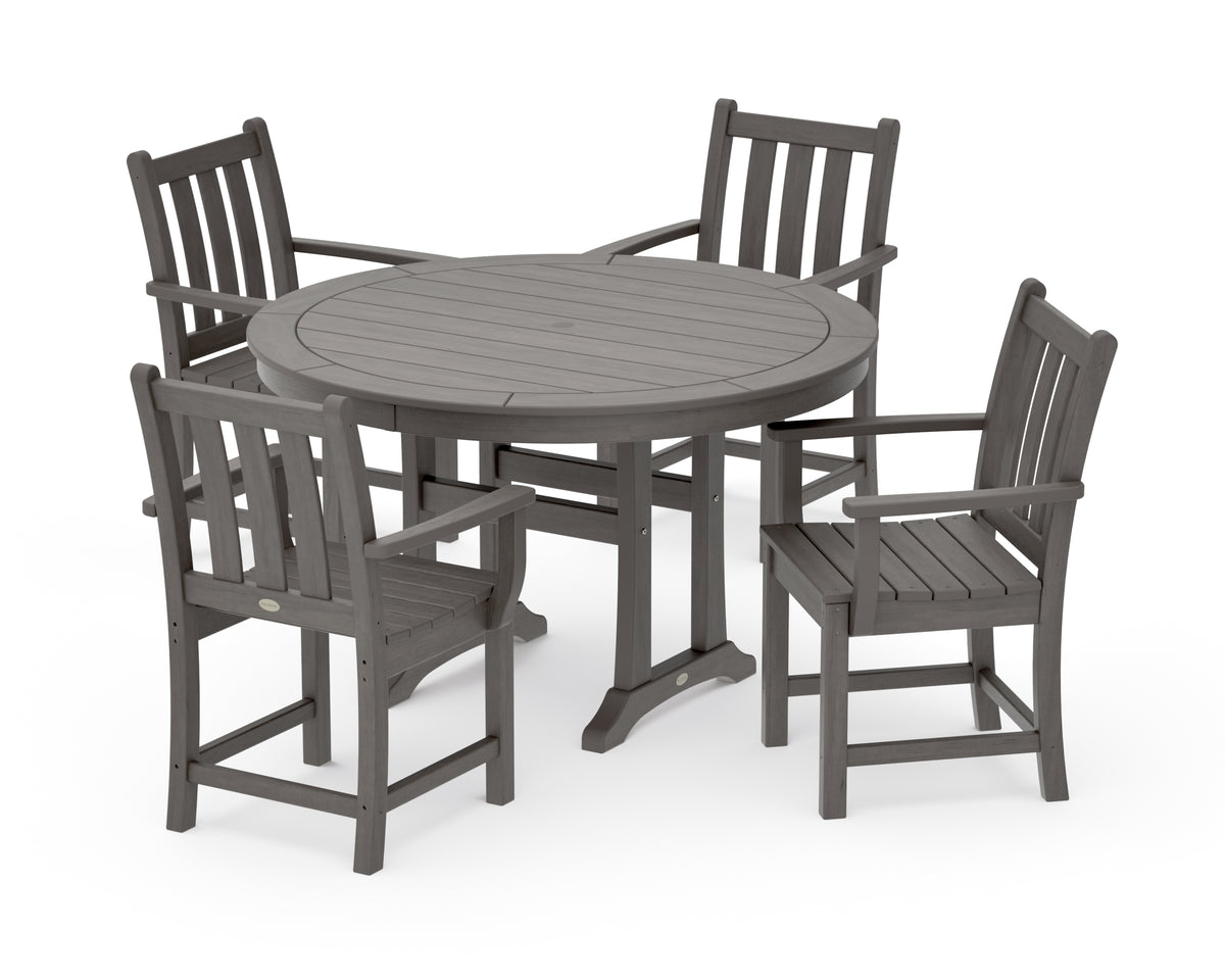 POLYWOOD Traditional Garden 5-Piece Round Dining Set with Trestle Legs in Driftwood