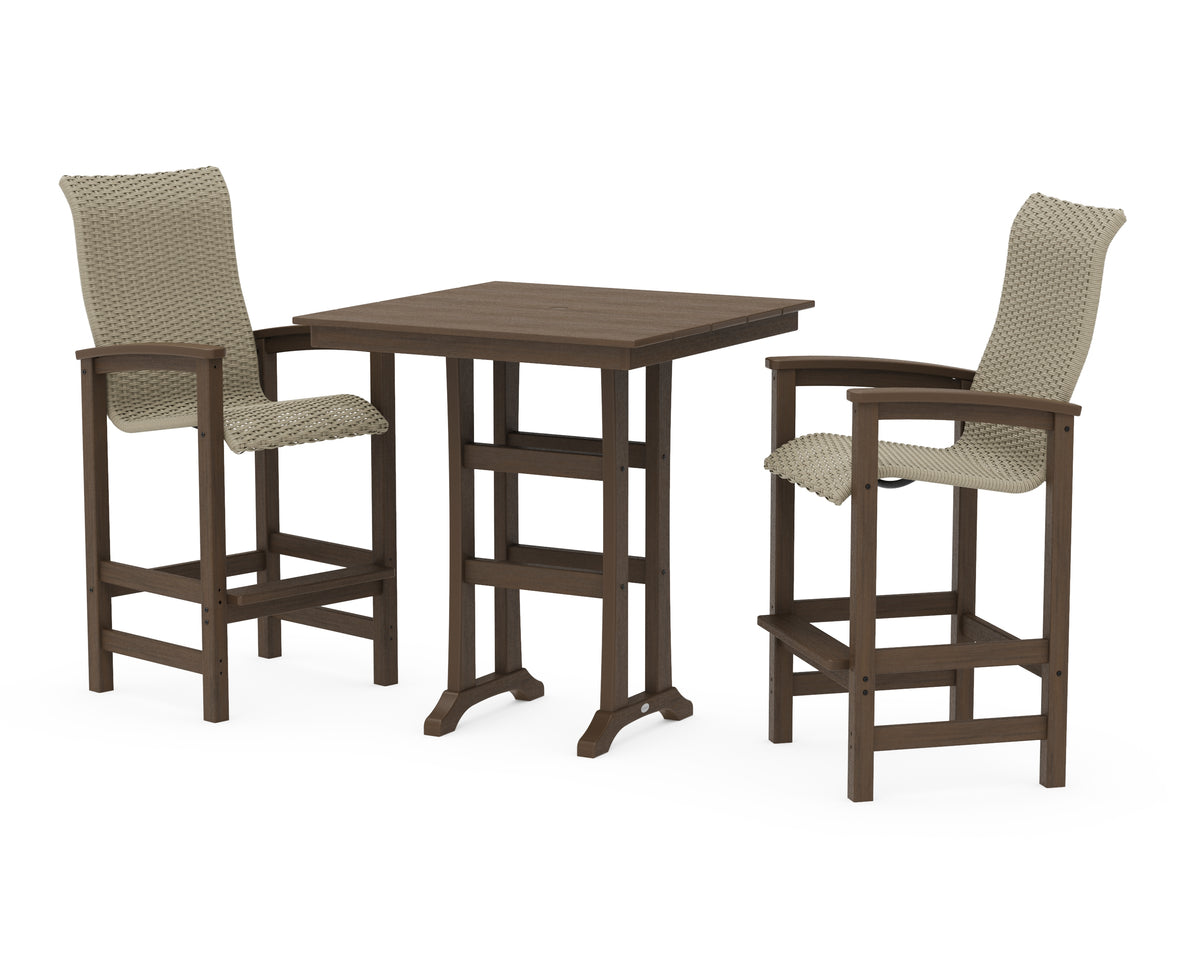 POLYWOOD Coastal Woven High-Back 3-Piece Farmhouse Bar Set with Trestle Legs in Kona / Dune Grass