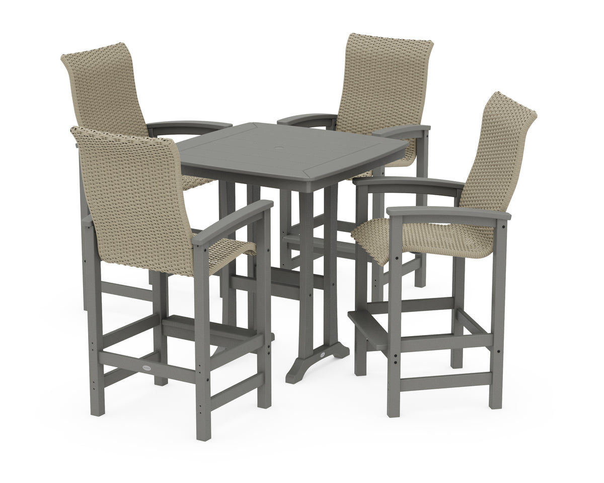 POLYWOOD Coastal Woven High-Back 5-Piece Bar Set with Trestle Legs in Slate Grey / Dune Grass