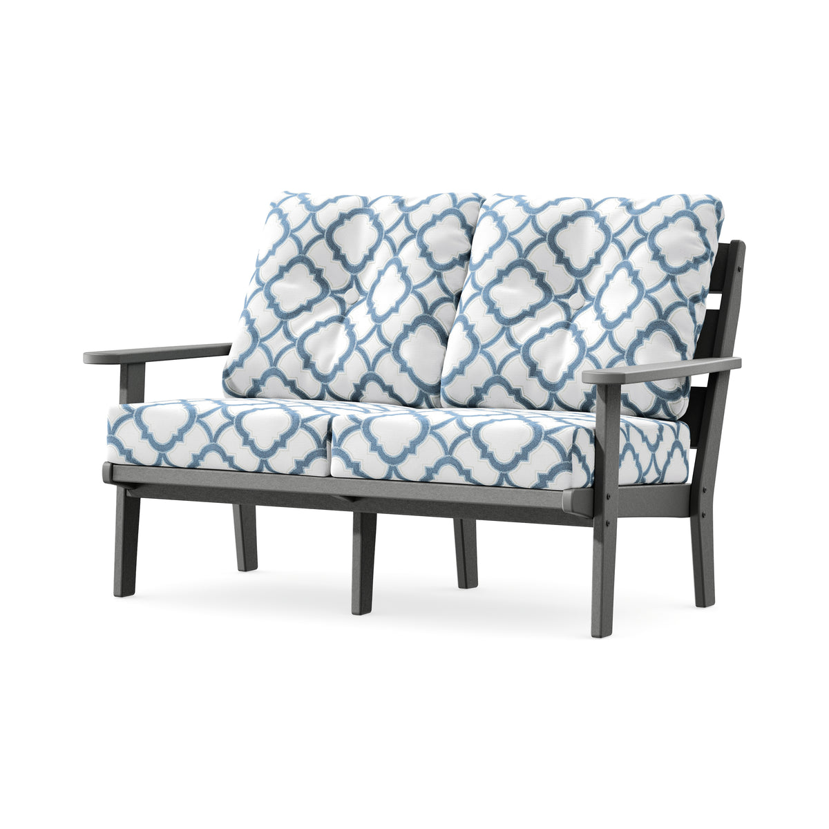 POLYWOOD Lakeside Deep Seating Loveseat in Slate Grey / Trellis Sky Blue