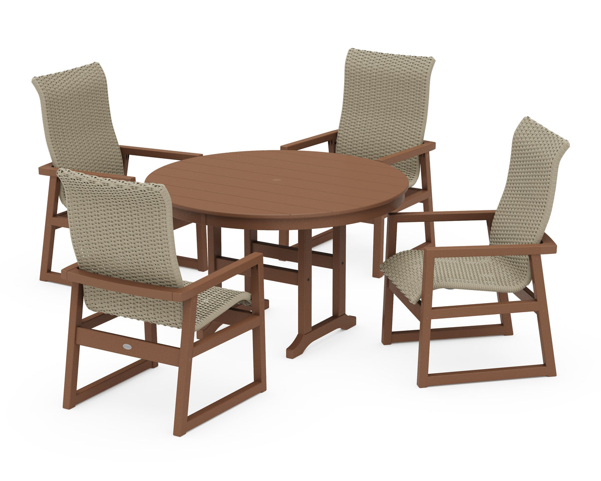 POLYWOOD EDGE Woven High-Back 5-Piece Round Farmhouse Dining Set in Teak / Dune Grass