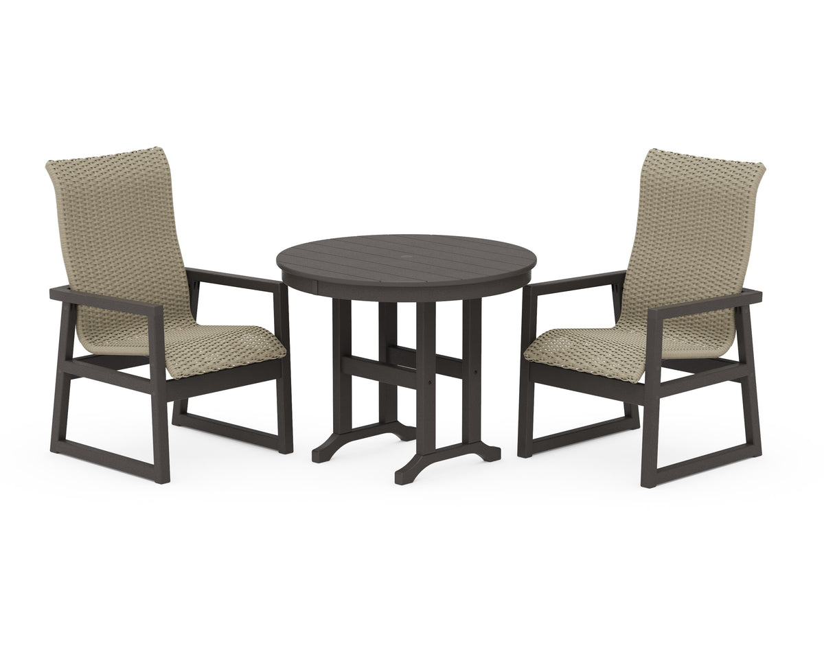 POLYWOOD EDGE Woven High-Back 3-Piece Farmhouse Dining Set in Vintage Coffee / Dune Grass