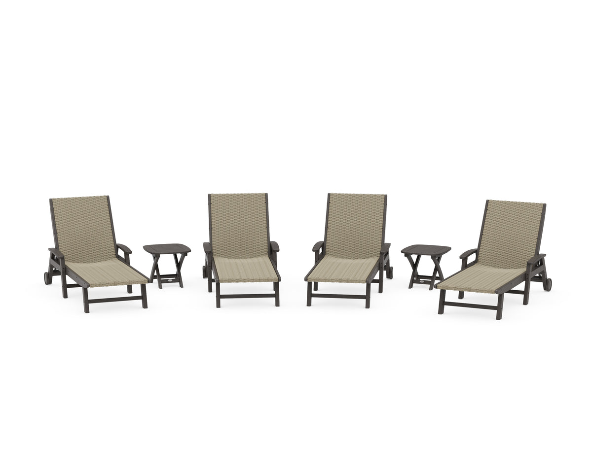 POLYWOOD 6-Piece Coastal Woven Chaise with Arms and Wheels Lounge Set in Vintage Coffee / Dune Grass
