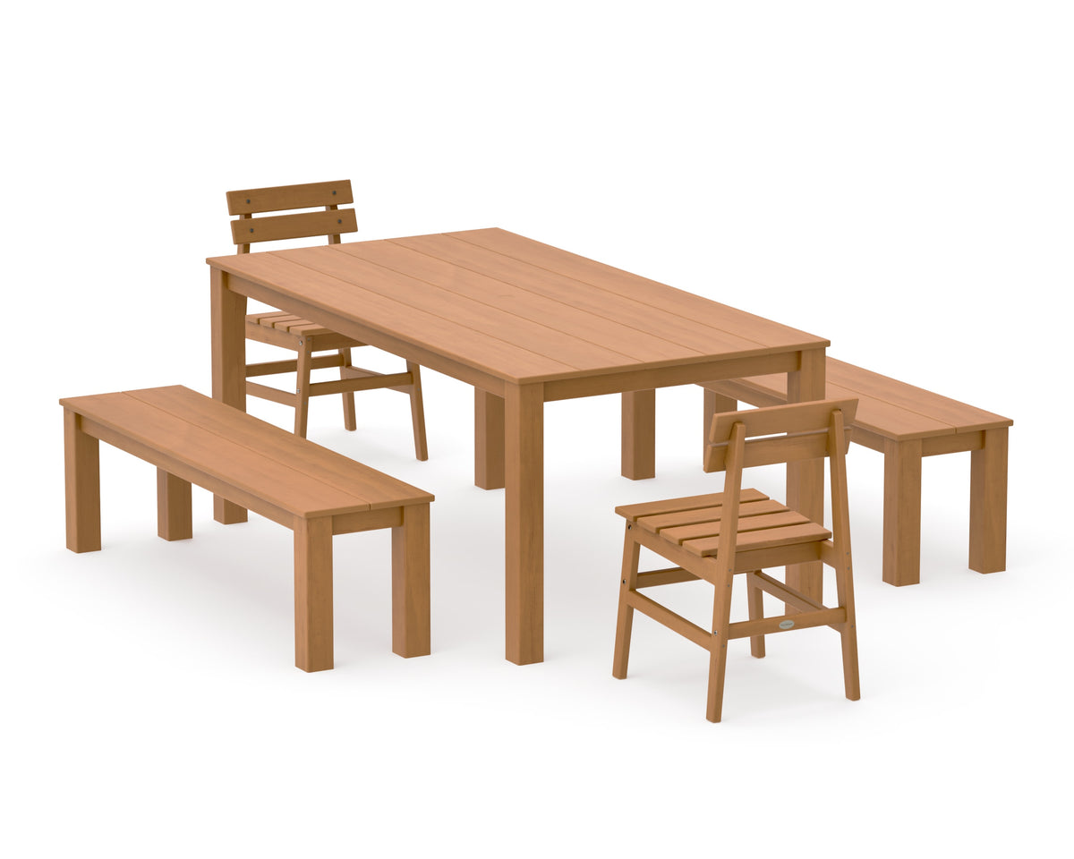 POLYWOOD Modern Studio Plaza Chair 5-Piece Parsons Dining Set with Benches - 38" x 72" Table in Natural